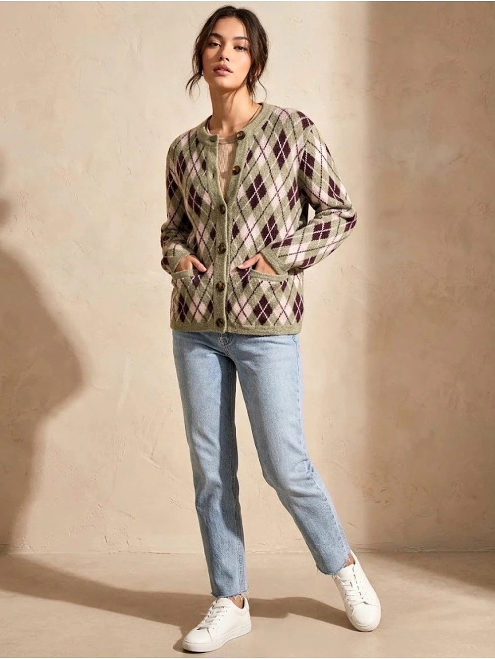 Rachel Zoe Argyle Button Front Cardigan in Gray, Pink & Purple Size Medium NWT